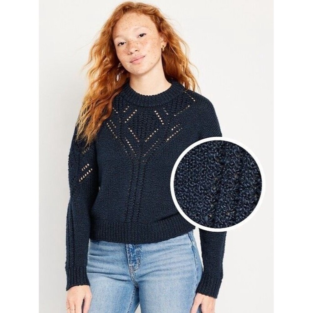 Old Navy Wool Pointelle Sweater Women’s L Navy Blue Drop Shoulder Knit Pullover